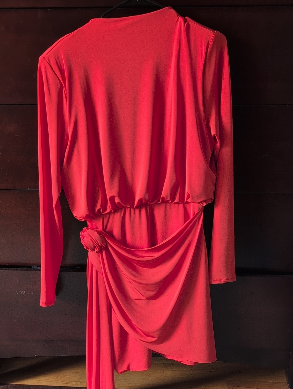 Aqua Coral Red Long-Sleeve Draped Knot Dress